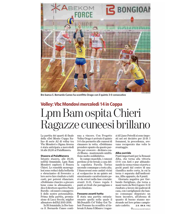 La stampa Pallavolo femminile B1 Cuneo, Bre banca S. Bernardo Cuneo